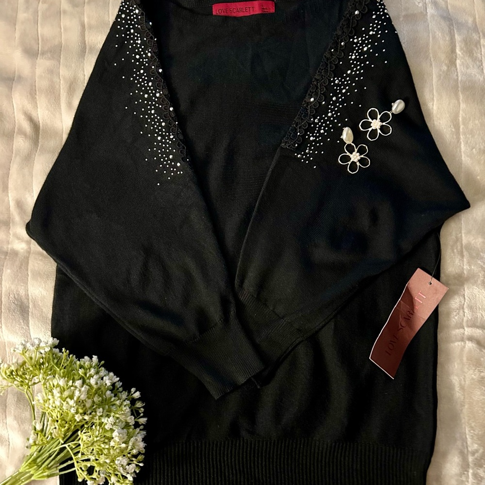 Elegant Black Elbow-Length Sleeve Top With Gems And Floral Designs